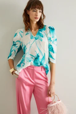 Blusa con scollo a V - Azzurro Bianco