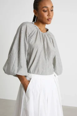 Blusa con scollo elasticizzato - Grigio Bianco