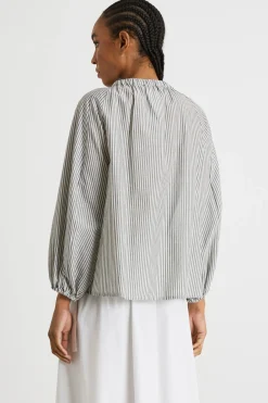 Blusa con scollo elasticizzato - Grigio Bianco