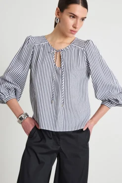 Blusa fluida con nastri - Blu Bianco