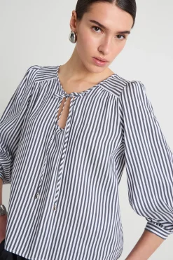 Blusa fluida con nastri - Blu Bianco