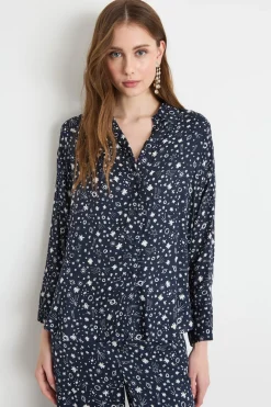 Blusa fluida in tessuto stampato - Blu