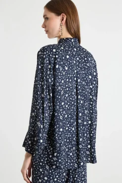 Blusa fluida in tessuto stampato - Blu