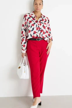 Blusa fluida in twill stampato - Bianco Rosso