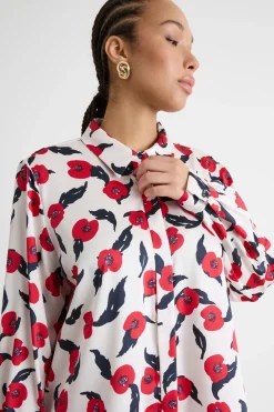 Blusa fluida in twill stampato - Bianco Rosso
