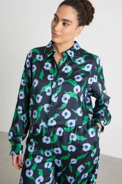 Blusa fluida in twill stampato - Verde Nero Azzurro