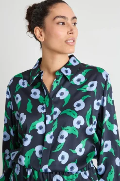 Blusa fluida in twill stampato - Verde Nero Azzurro