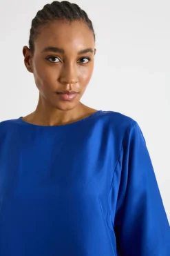 Blusa girocollo con maniche tre quarti - Bluette