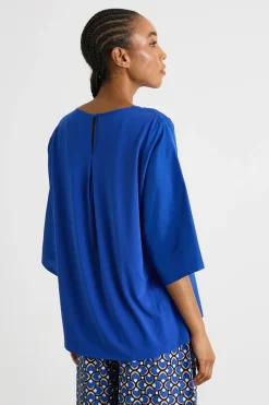 Blusa girocollo con maniche tre quarti - Bluette
