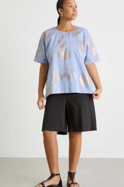 Blusa in chambray con stampa laminata - Azzurro Argento