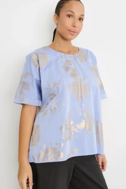 Blusa in chambray con stampa laminata - Azzurro Argento