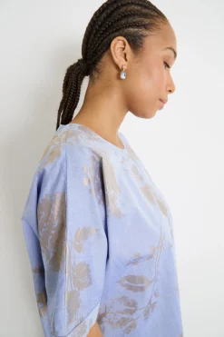 Blusa in chambray con stampa laminata - Azzurro Argento