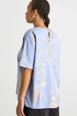 Blusa in chambray con stampa laminata - Azzurro Argento