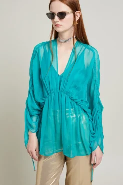 Blusa in chiffon con coulisse - Petrolio