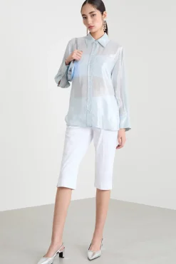 Blusa in chiffon laminato - Azzuro