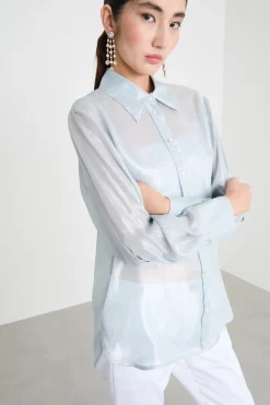 Blusa in chiffon laminato - Azzuro