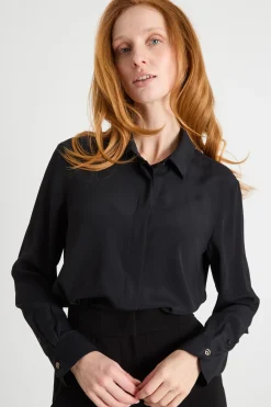 Blusa in crepe con applicazione a fiore - Nero