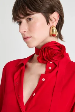 Blusa in crepe con applicazione a fiore - Rosso