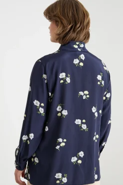Blusa in crepe de chine stampato - Blu