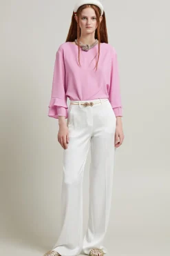 Blusa in crépe con balze - Rosa Scuro