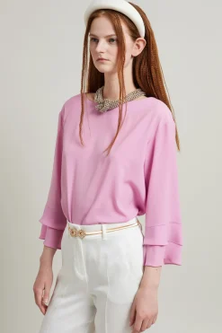 Blusa in crépe con balze - Rosa Scuro
