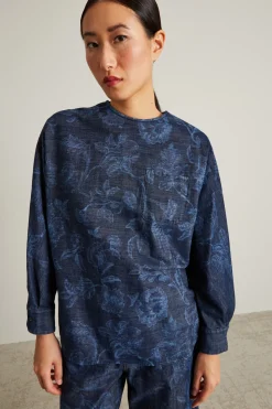 Blusa in denim a fiori - Blu Scuro Denim
