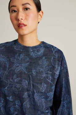 Blusa in denim a fiori - Blu Scuro Denim