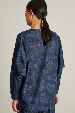 Blusa in denim a fiori - Blu Scuro Denim