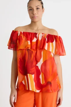 Blusa in georgette con balza - Arancione