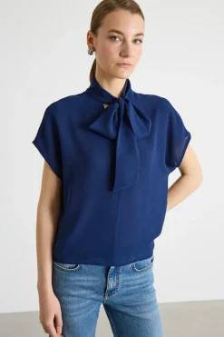 Blusa in georgette con collo a foulard - Blu