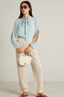 Blusa in georgette con fiocco - Azzurro Polvere