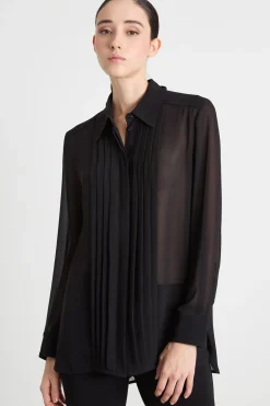Blusa in georgette con pieghe - Nero