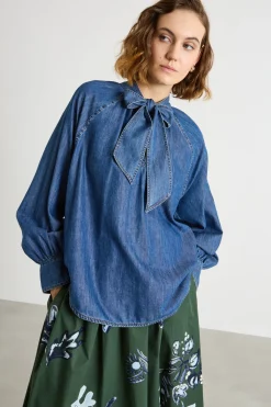Blusa in jeans con collo a foulard - Blu
