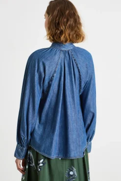 Blusa in jeans con collo a foulard - Blu