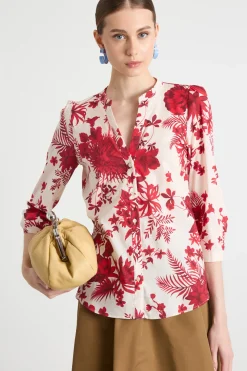 Blusa in mussola stampata - Bianco Rosso