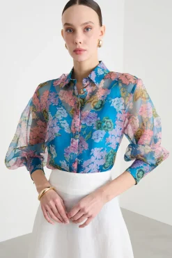 Blusa in organza stampata - Blu