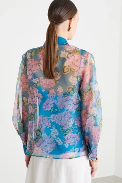 Blusa in organza stampata - Blu