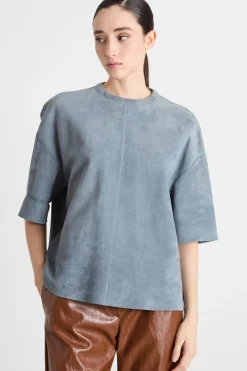 Blusa in pelle scamosciata - Azzurro