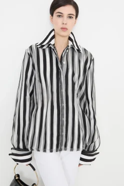 Blusa in popeline e organza - Bianco Nero