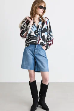 Blusa in raso stampato - Nero Azzurro