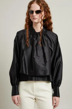 Blusa in shantung con bavoletta - Nero