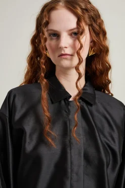 Blusa in shantung con bavoletta - Nero