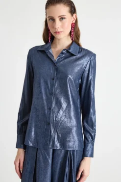Blusa in tessuto laminato - Blu