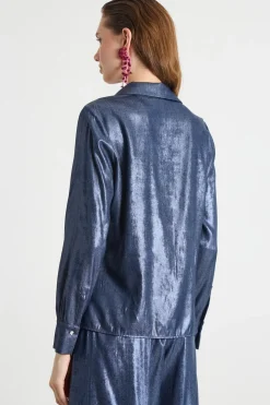 Blusa in tessuto laminato - Blu