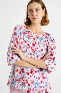 Blusa in twill di viscosa stampato - Bianco Rosso Blu