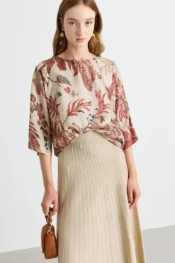 Blusa in twill stampato - Beige Rosso Blu