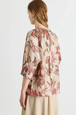 Blusa in twill stampato - Beige Rosso Blu