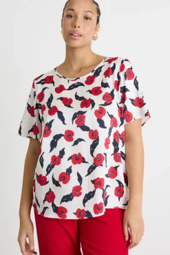Blusa in twill stampato - Bianco Rosso