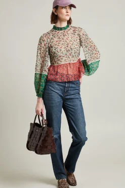 Blusa patchwork in creponne - Beige Rosso Verde