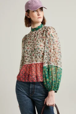 Blusa patchwork in creponne - Beige Rosso Verde